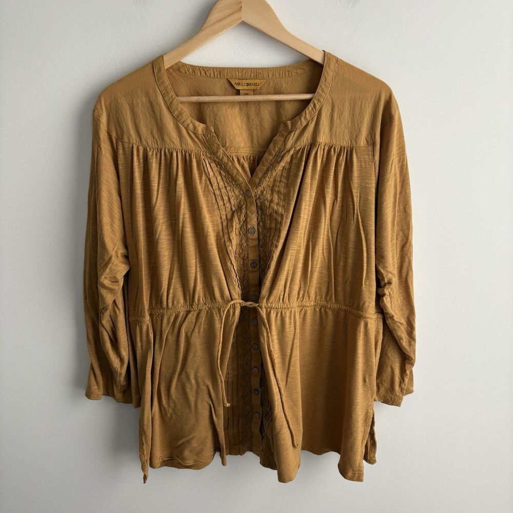 April Cornell Women's Blouse XXL Yellow Button Pleated Shirt Boho Drawstring